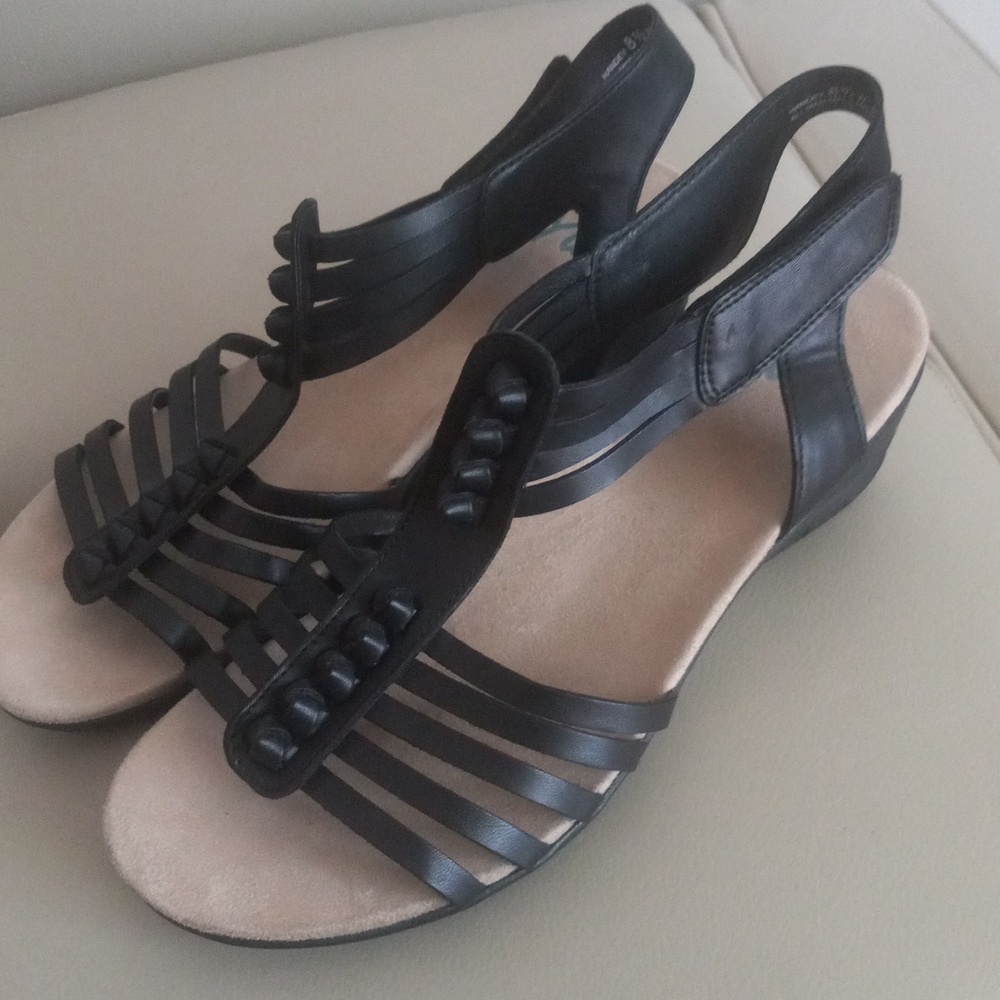 Yuu Black Faux Leather Strappy Women's Wedge Sandals - Comfort Heel Size 8.5W